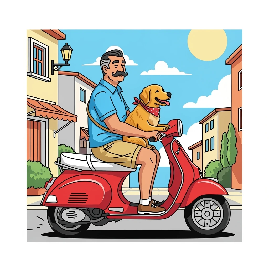 gvector art of a man and his pet dog riding a vespa, for website design emoji
