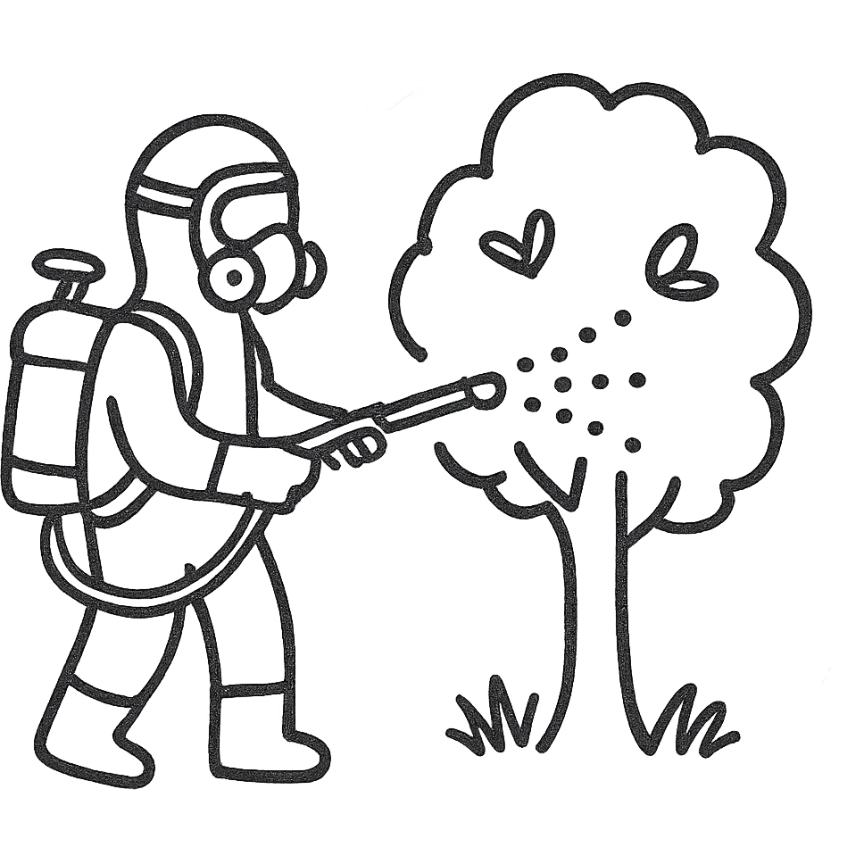 A gardener in protective suit and mask spraying a tree with a sprayer, performing chemical pest control. Bright green garden with trees, visible spray droplets, atmosphere of professional plant protection and garden care emoji