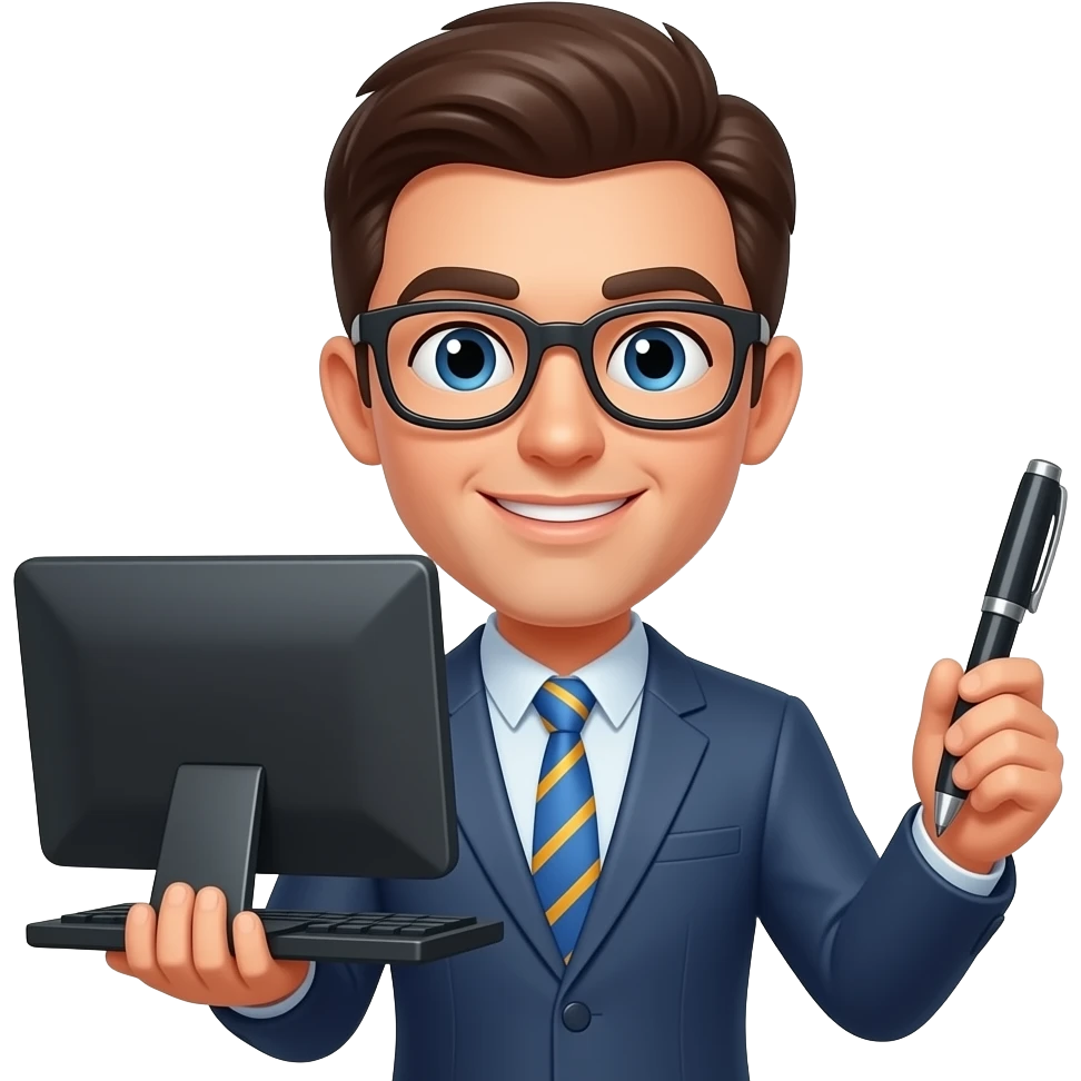 컴퓨터와 펜을 각각 양손에 든 안경쓴 사람 이모티콘 emoji