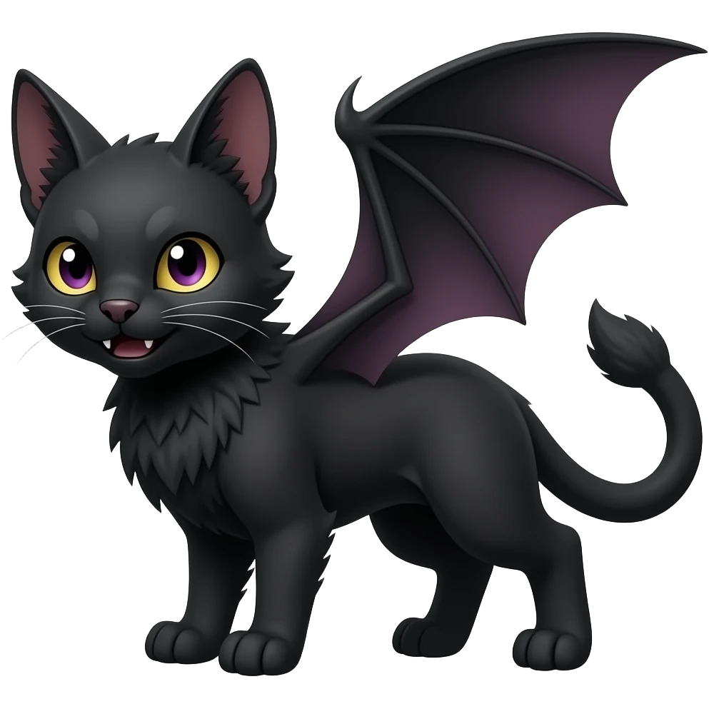 Dark Vampiric Black Lykoi-Caracal-Bat-Litten-Torracat-Noibat-Hybrid (Full body) emoji