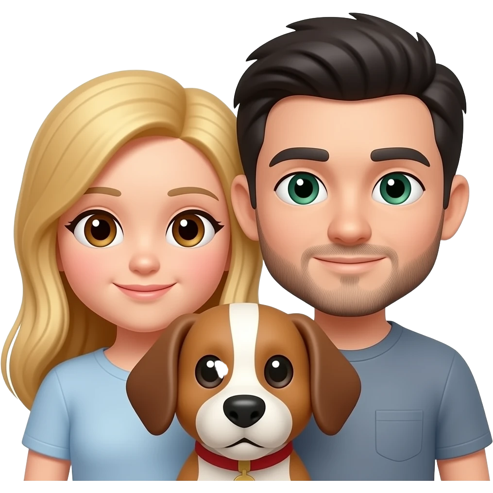 Pareja y perro estilo emoticono de WhatsApp, solo caras, muy juntos. Chica con pelo largo rubio, piel clara y ojos marrones. Chico con piel clara, pelo negro, barba fina visible y ojos verde oscuro. Perro estilo default, orejas caídas, marrón con blanco entre los ojos. emoji