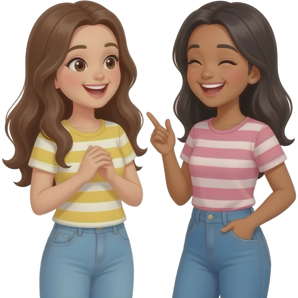 A white skin, very long haired brunette and a white skin  dark haired best friends, girls, full body, chatting, laughing emoji