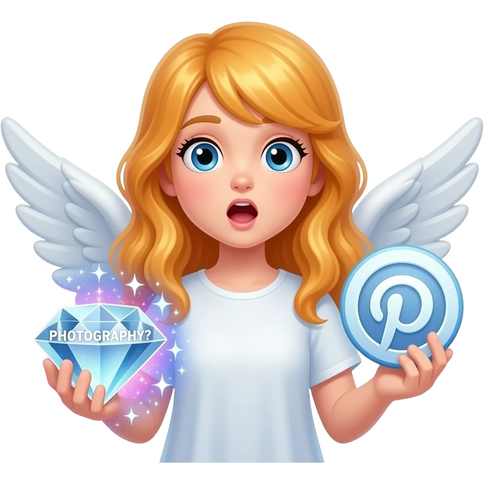 An ethereal blue eyes, glowing amber hair, angel, hand made of starlight holding a crystalline Pinterest logo on the right hand, surprised, pointing at self. A diamond, shining text: 'PHOTOGRAPHY?' on the bellow left hand. Glowing nebula colors, isolated on white, bold 3D icon emoji