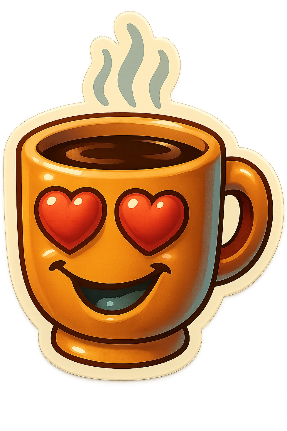 Ink wash style, coffee cup creature, big heart eyes, dopey smile emoji