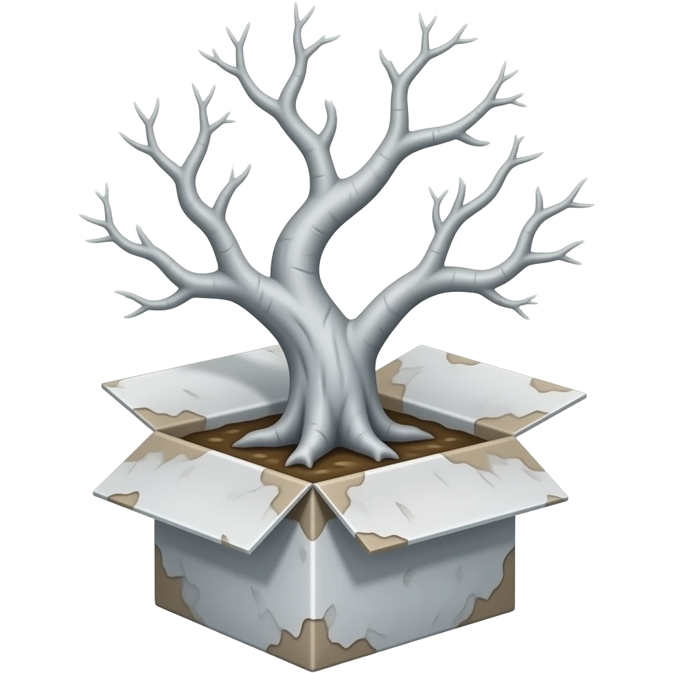 cinematic - white bare old tree grows from a dilapidated white box emoji