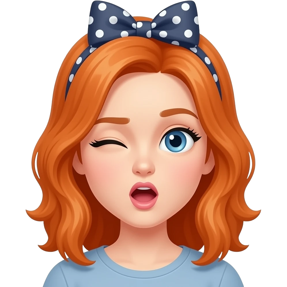 Mujer con pelo naranja, rostro de sorpresa, guiñando un ojo, con moño emoji