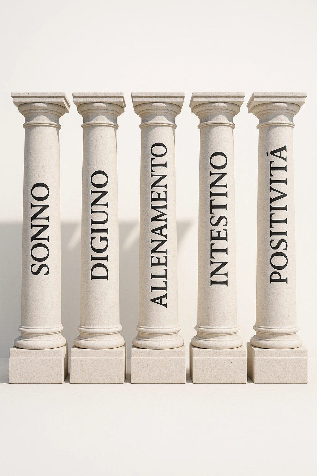 5 pilastri con le scritte "SONNO", "DIGIUNO", "ALLENAMENTO", "INTESTINO", "POSITIVITà" IMMAGINE IPERREALISTICA SFONDO CHIARO IN ITALIANO emoji