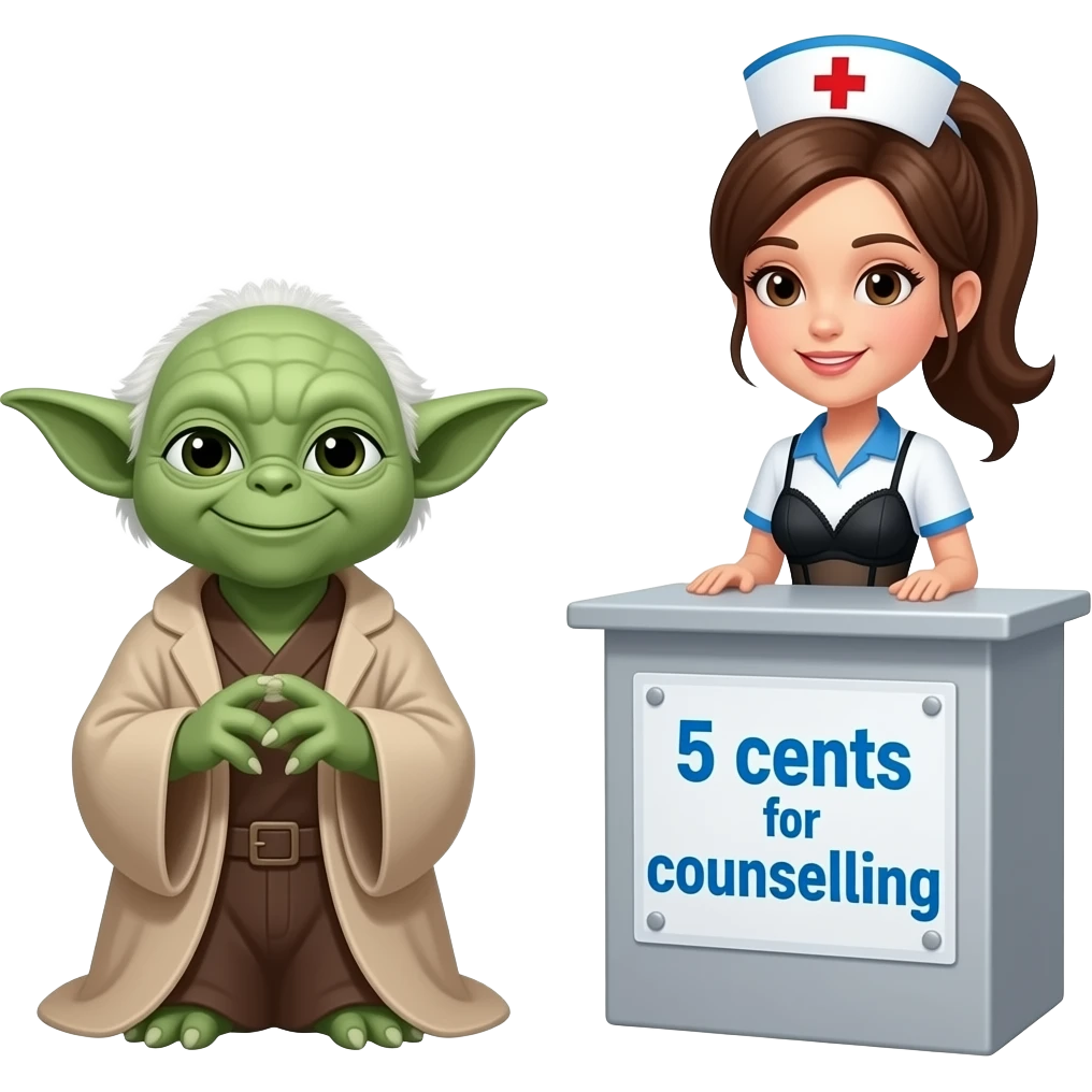 Yoda sitting at a help booth , 5 cents for counseling sign,  sitting in front of a nurse ,brunette with pony tail, wearing garter belts , and black lingerie, kneeling and smiling emoji