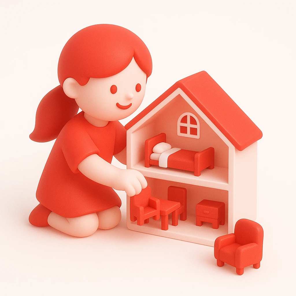 smiling girl arranging furniture in doll house emoji