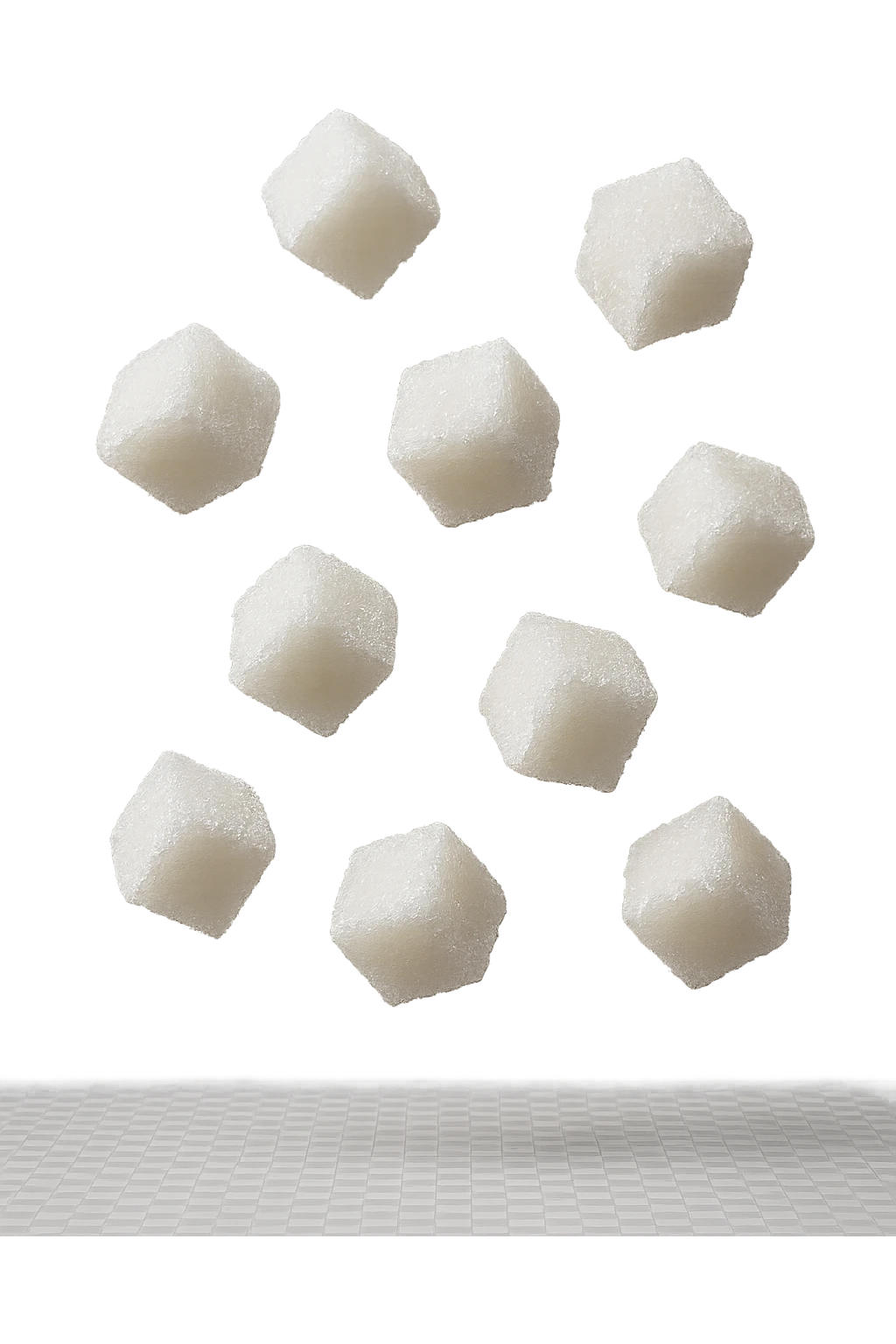 zollette di zucchero fluttuano in aria, iperrealistica 4k, isolato su sfondo bianco emoji