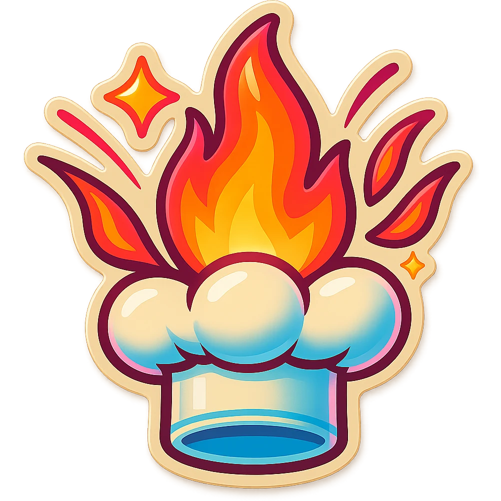 chef's hat explode with trails of fires, emoji, playful, magic flame neon orange to neon pink gradient, vibrant, flame matching style reference file emoji