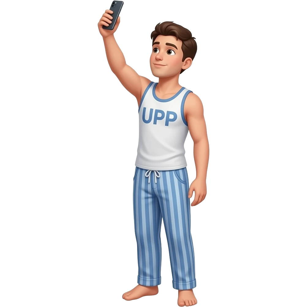 uy-in-pajamaspants-and-tank-top-standing-holding-up phone -hig above him to show his body-and-in-front-of-him-to-show-the-camera-his-entire-body.-have-him-at-a-slight-angle-and-looking-at-the-phone.-holding-the-phone-vertically.-holding-it-as with "UPP" written in middle of his pj tank top shirt emoji