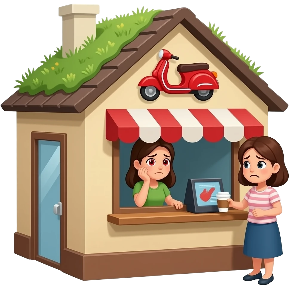 A small coffee shop named scooters with a pitched roof with grass growing on it. The logo is red, the building walls are tan and brown. An stressed woman with red bloodshot eyes is working the drive-through window.  Another lady, even more stressed and seemingly addicted to coffee makes a purchase.  emoji