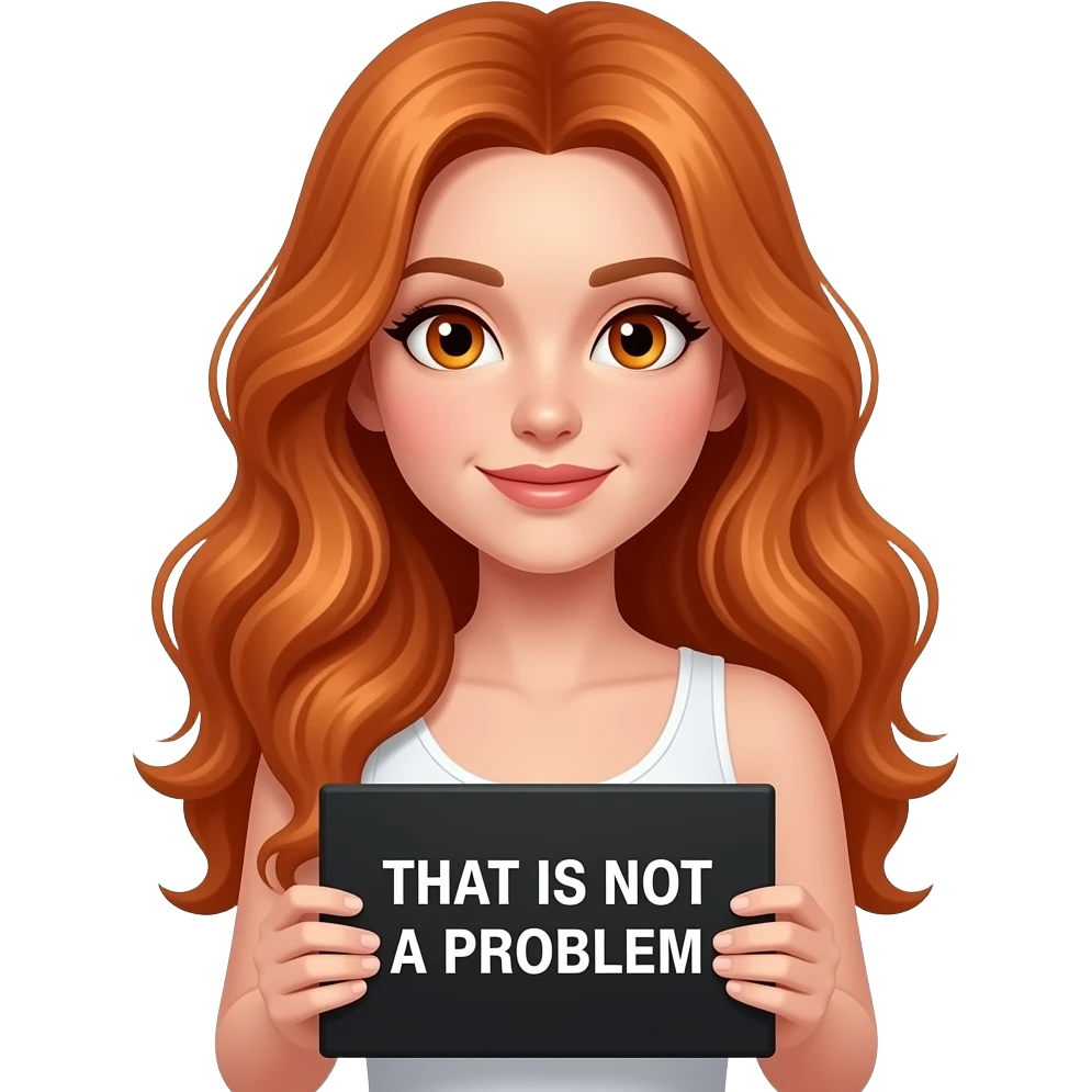 sexy girl with long wavy ginger hair and ginger eyes wearing a white tanktop and holding a black sign with THAT IS NOT A PROBLEM written on it emoji