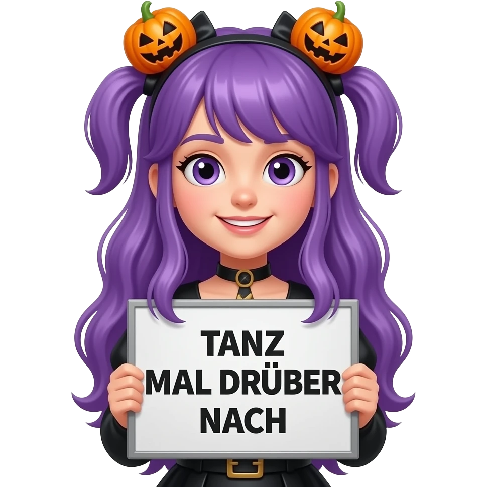 girl with long purple hair wearing a halloween costume holding a TANZ MAL DRÜBER NACH sign emoji