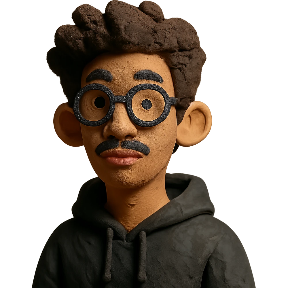Malay teenager with fluffy hair, long face, light mustache, glasses, and a black hoodie in claymation style emoji