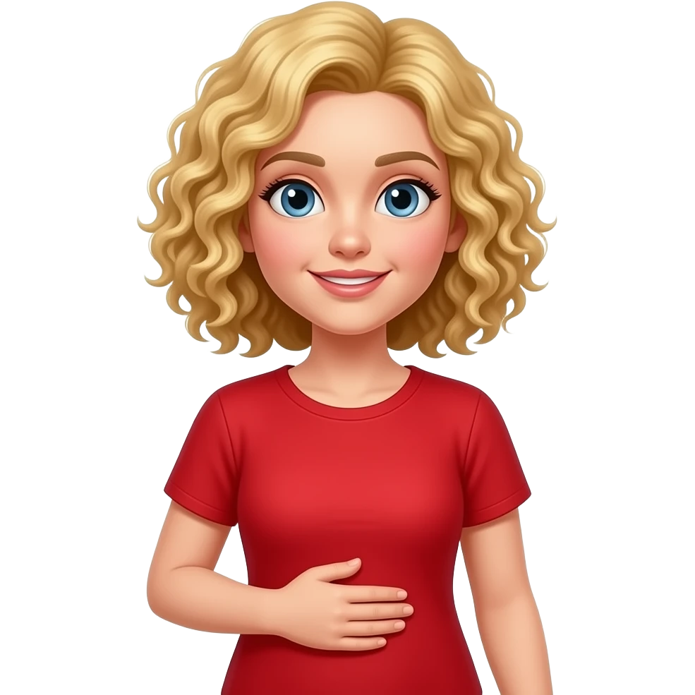 blonde tight curly bob yummy rubbing a hand on tummy in a red short sleeve shirt emoji