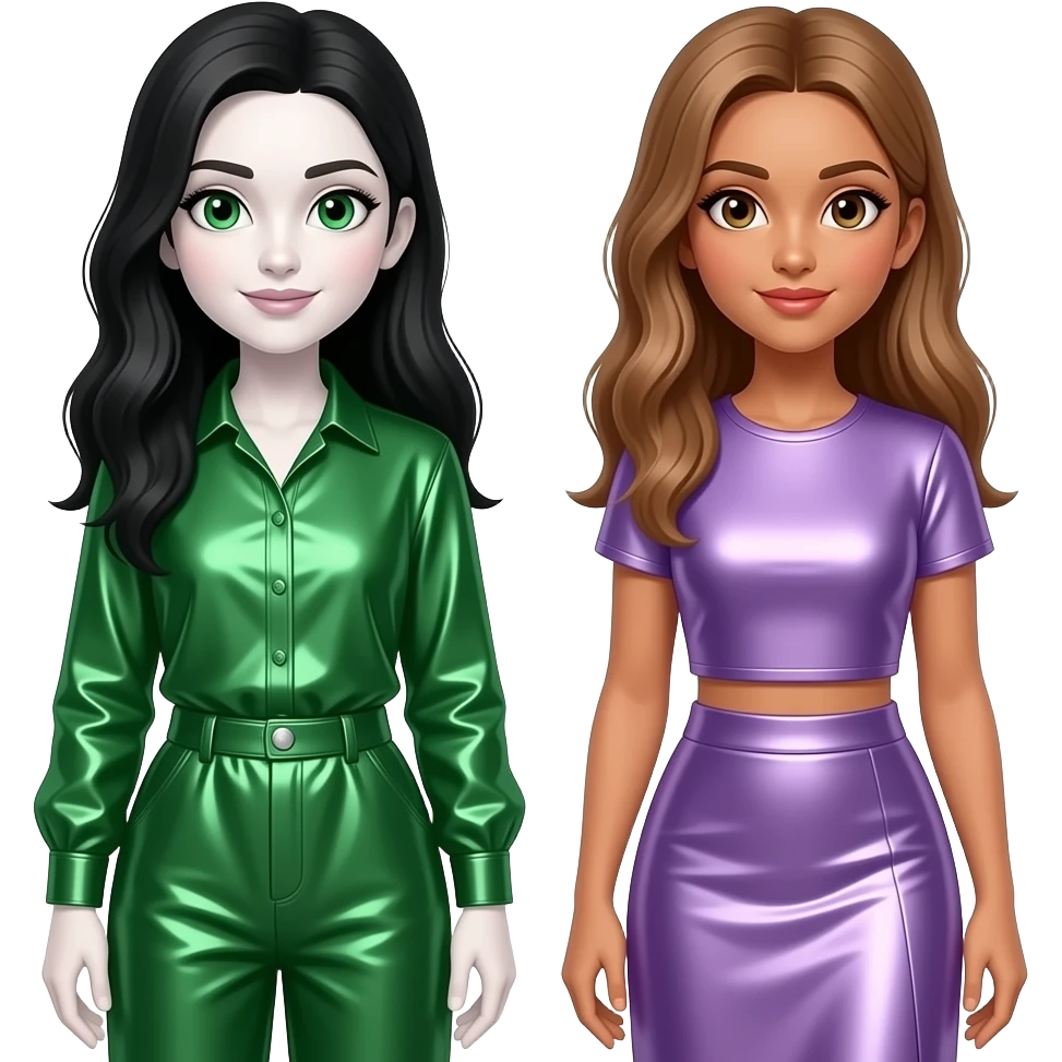 Bratz with Jade with white skin, green eyes, long black hair, green metallic shirt, green metallic baggy pants, Yasmin with brown eyes, long light brown hair, lilac metallic crop top and long skirt emoji
