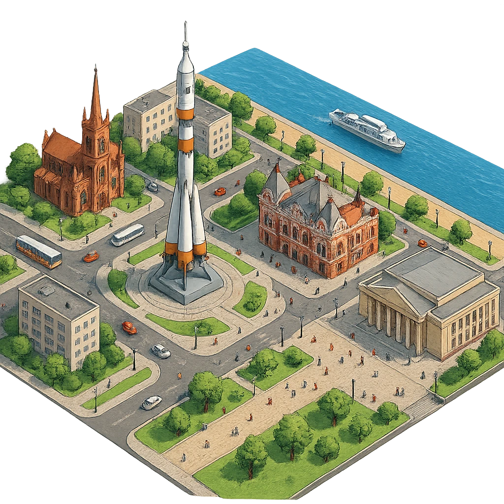 Изометричная чёткая миниатюрная фотореалистичная 3D модель панорамы Самары — Площадь Славы, Памятный комплекс ракеты-носителя «Союз», Храм Пресвятого Сердца Иисуса, Самарский академический театр драмы им. М. Горького, Самарский академический театр оперы и балета, набережная Волги, дома, люди, автотранспорт. Вид сверху в изометрии, яркие цвета, мультяшная рисованная реалистичность, прозрачный фон, компактная композиция. emoji