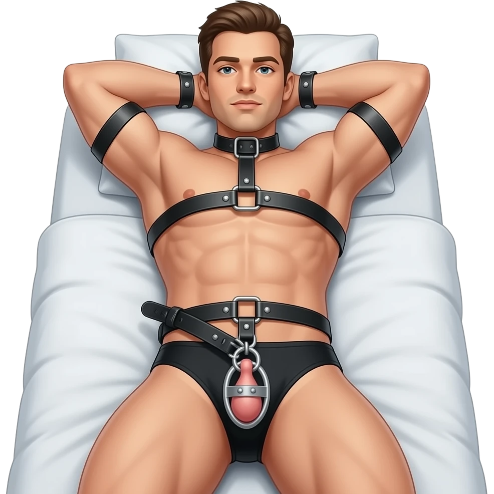 Male tied to laying down on his bed on his back bdsm bondage, wearing chastity cage on his cock emoji