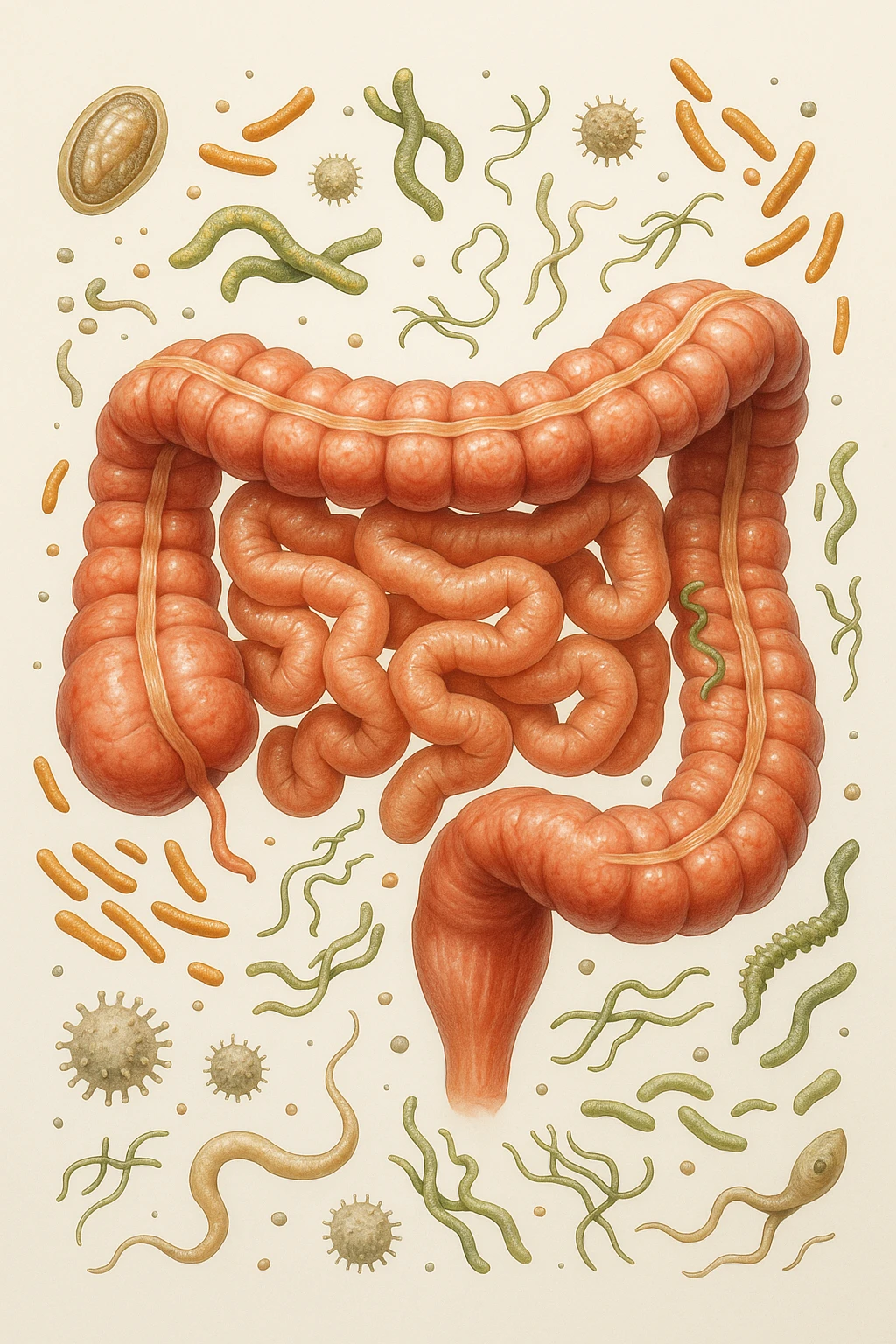 INTESTINO UMANO ANATOMICO CON BATTERI E PARASSITI INTORNO, SFONDO CHIARO NEUTRO, IPERREALISTICO 4K emoji