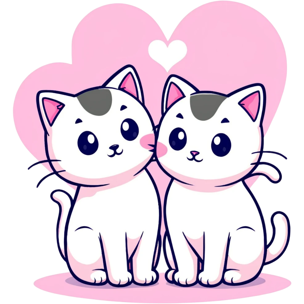 two cats in love, sticker style with pink hearts emoji