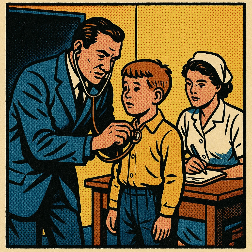 A doctor in the early 1900s examining the heart beat of a school child in a school room.  There is a female nurse recording measurements sitting at a desk next to the doctor emoji