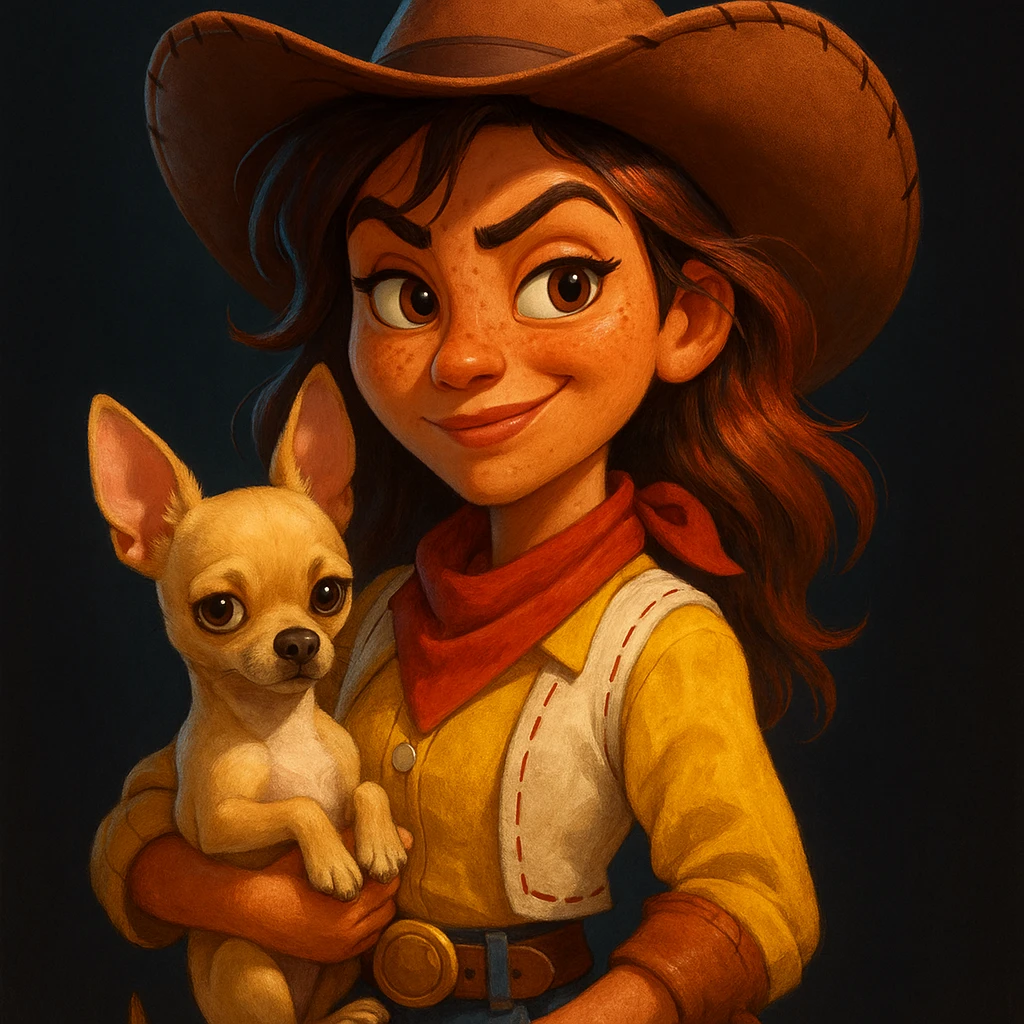 Portrait of a tanned female cowboy with freckles, brown hair with auburn highlights, rebellious and playful expression, Pixar art style, holding a beige-brown chihuahua, dark background, bright illustration, large expressive eyes, vivid colors emoji