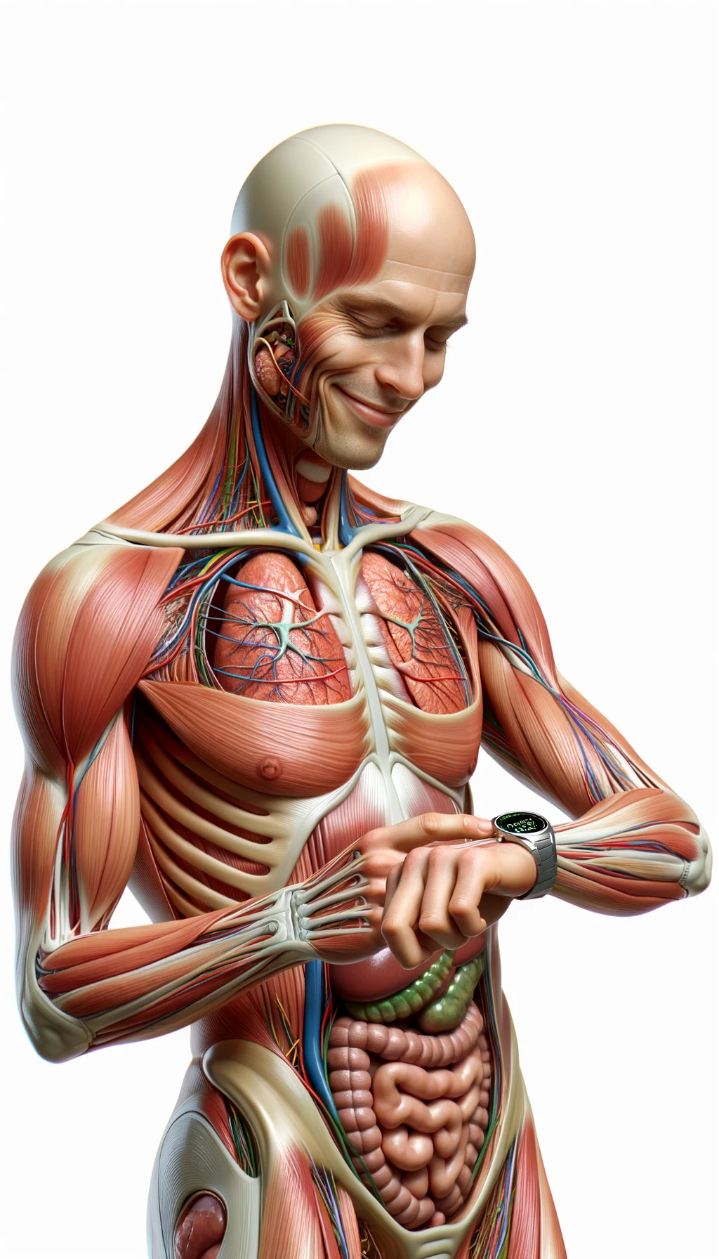 corpo umano anatomico sereno e felice che cammina mentre osserva il suo orologio contapassi, colori realistici del corpo e organi visibili, espressione soddisfatta, iperrealistica 4k, isolato su sfondo bianco emoji