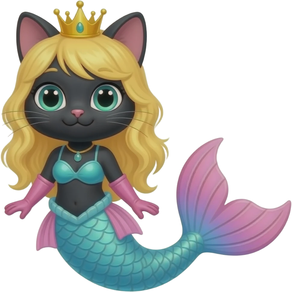 black anthro cat #B8FFFF mermaid tail with pink fins and long pink gloves  yellow hair crown green swimsuit emoji