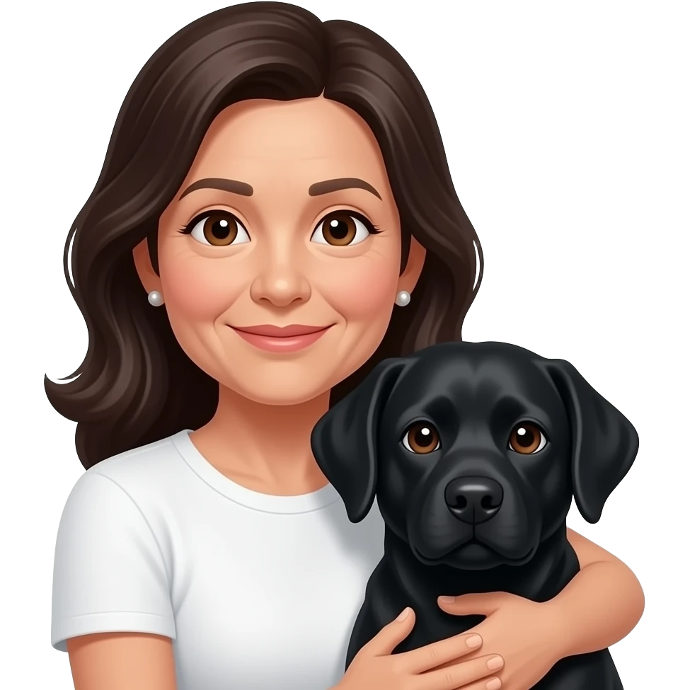 woman, 60s aged, long dark hair, small earrings, brown eyes, cuddling black labrador, white t-shirt emoji