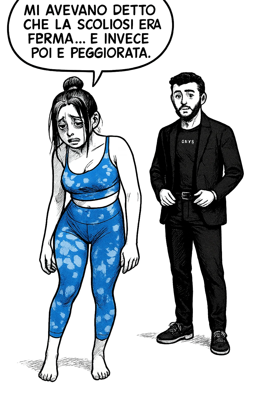 fai questa immagine in versione fumetto/manga/webtoon, il manga mostra la donna disperata con un fumetto sulla testa che dice:
Mi avevano detto che la scoliosi era ferma… e invece poi è peggiorata.
 emoji