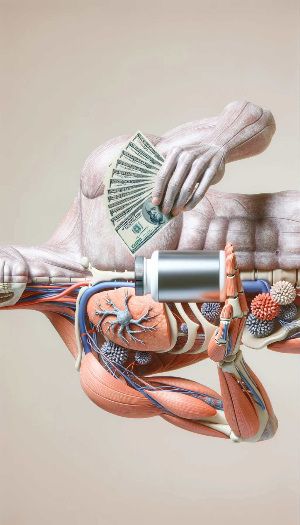 corpo umano anatomico che tiene nella mano destra una boccetta di integratore e nella mano sinistra delle banconote, sfondo neutro chiaro emoji