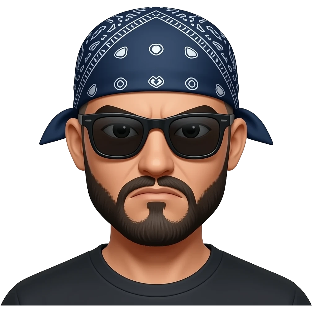 Chicano cholo character in a 'Lil Homies' chibi style. Head and shoulders view. The character has a shaved head and face, a dark blue paisley bandana tied around the forehead, and dark black sunglasses. He has a thick goatee and a tough, 'enojón' grumpy expression on an angle emoji