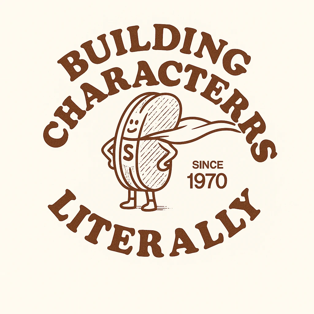 change the text here to be "building characters" on top "literally" on the bottom emoji