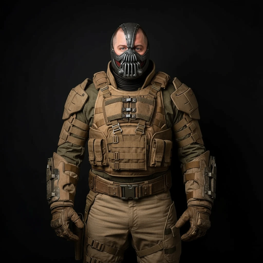 Put this man into the Bane costume from the Dark Knight Rises movie, make it photorealistic and make sure the face is represented lifelike on Banes body and costume emoji