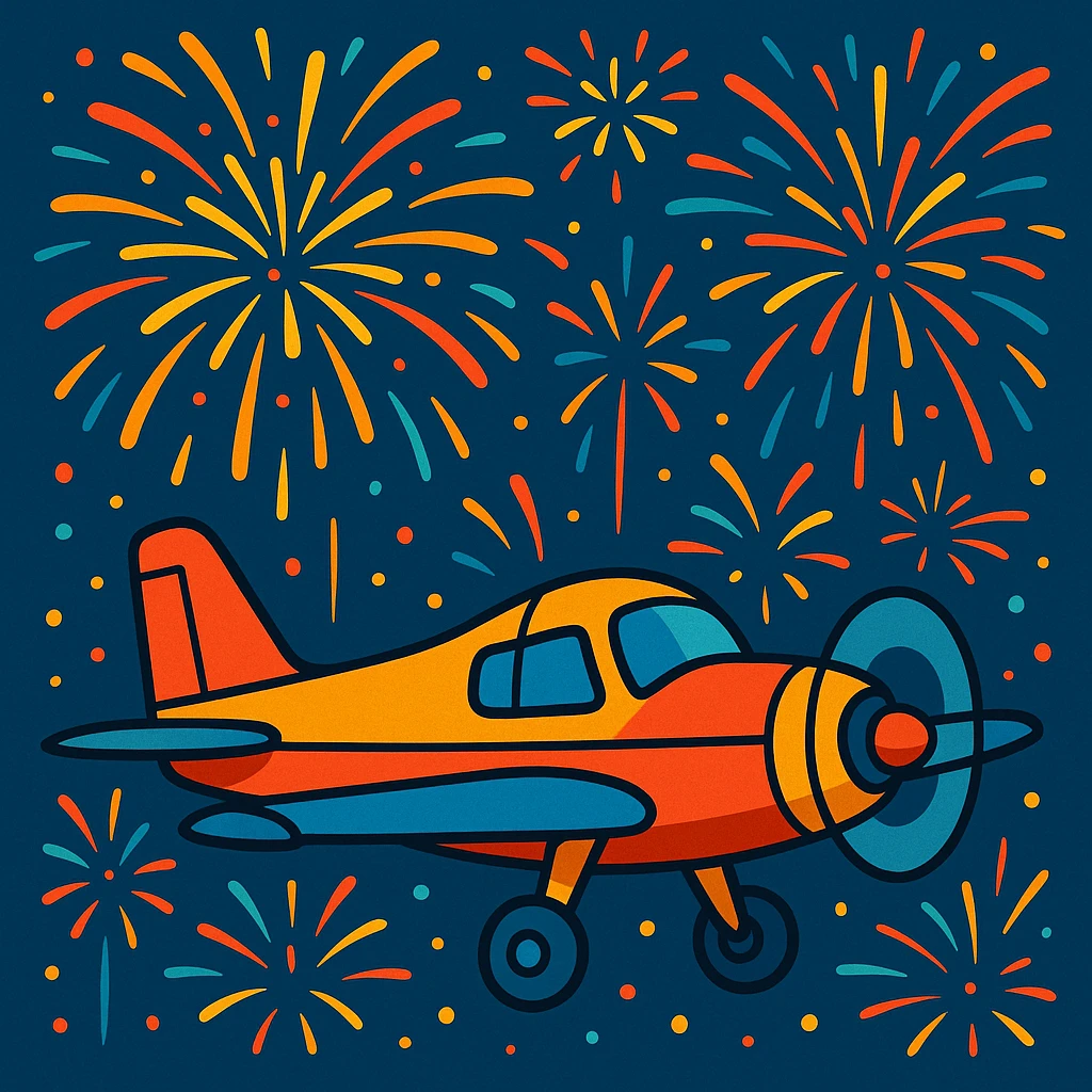 A small airplane flying with fireworks exploding in the background, creating a festive and energetic atmosphere in the sky emoji