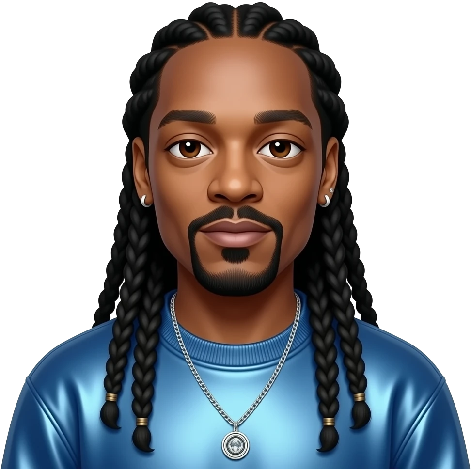 Snoop Dogg with dark brown eyes, long black dreads, steel blue metallic sweatshirt, necklace and earrings emoji