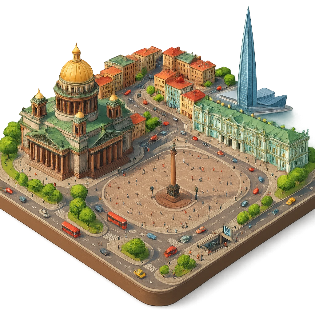 Изометричная миниатюрная фотореалистичная 3D модель Санкт-Петербурга на подставке - Исаакиевский собор, Дворцовая площадь, Зимний дворец и другая центральная часть города, Лахта-центр, четкая детализация, яркие цвета, мультяшный реализм, люди, автотранспорт и метро, компактная композиция, вид сверху в изометрии, прозрачный фон emoji