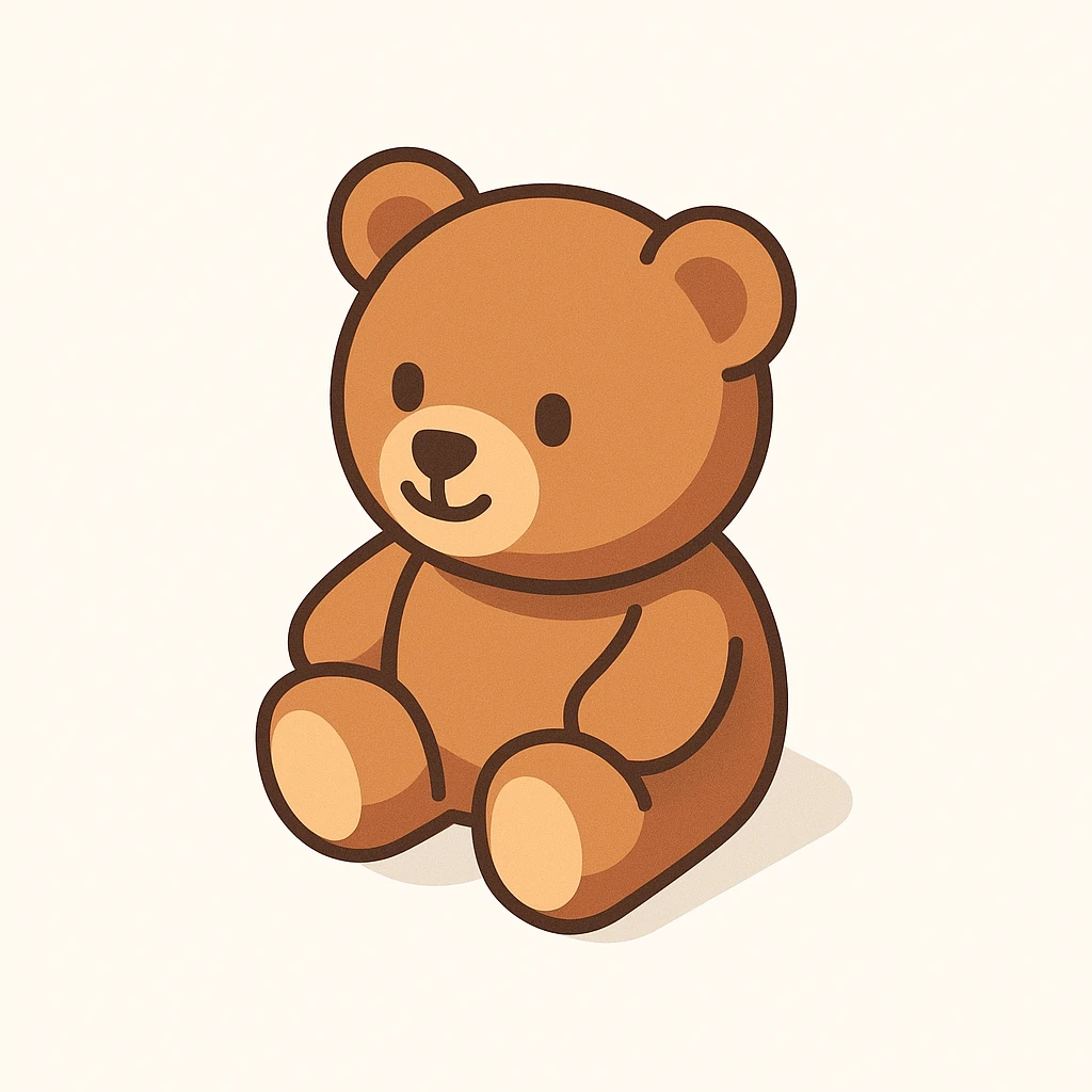 friendly cartoon icon style teddy bear sitting pose rounded and minimal features isometric top-side angle clean white background emoji