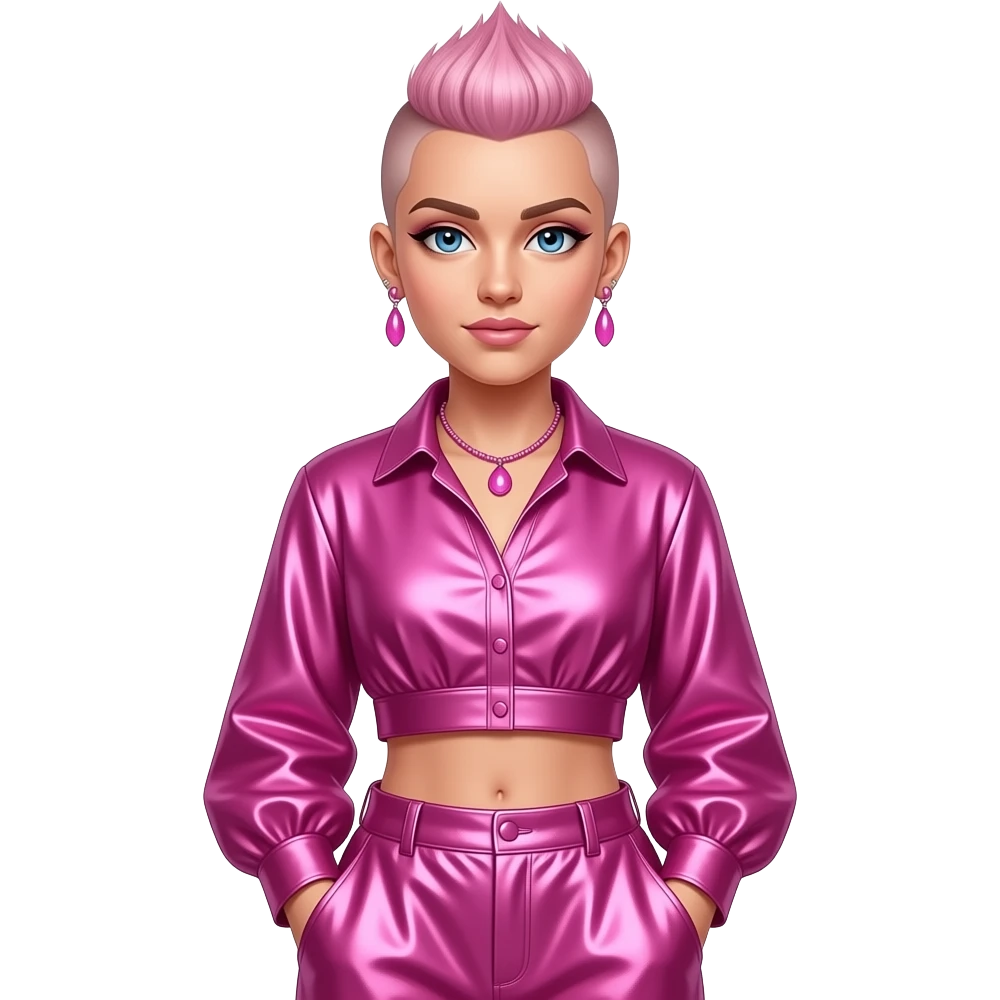 P!nk with blue eyes, pink faux hawk hair, hot pink metallic blouse crop top, pink metallic baggy pants, pink necklace and earrings emoji