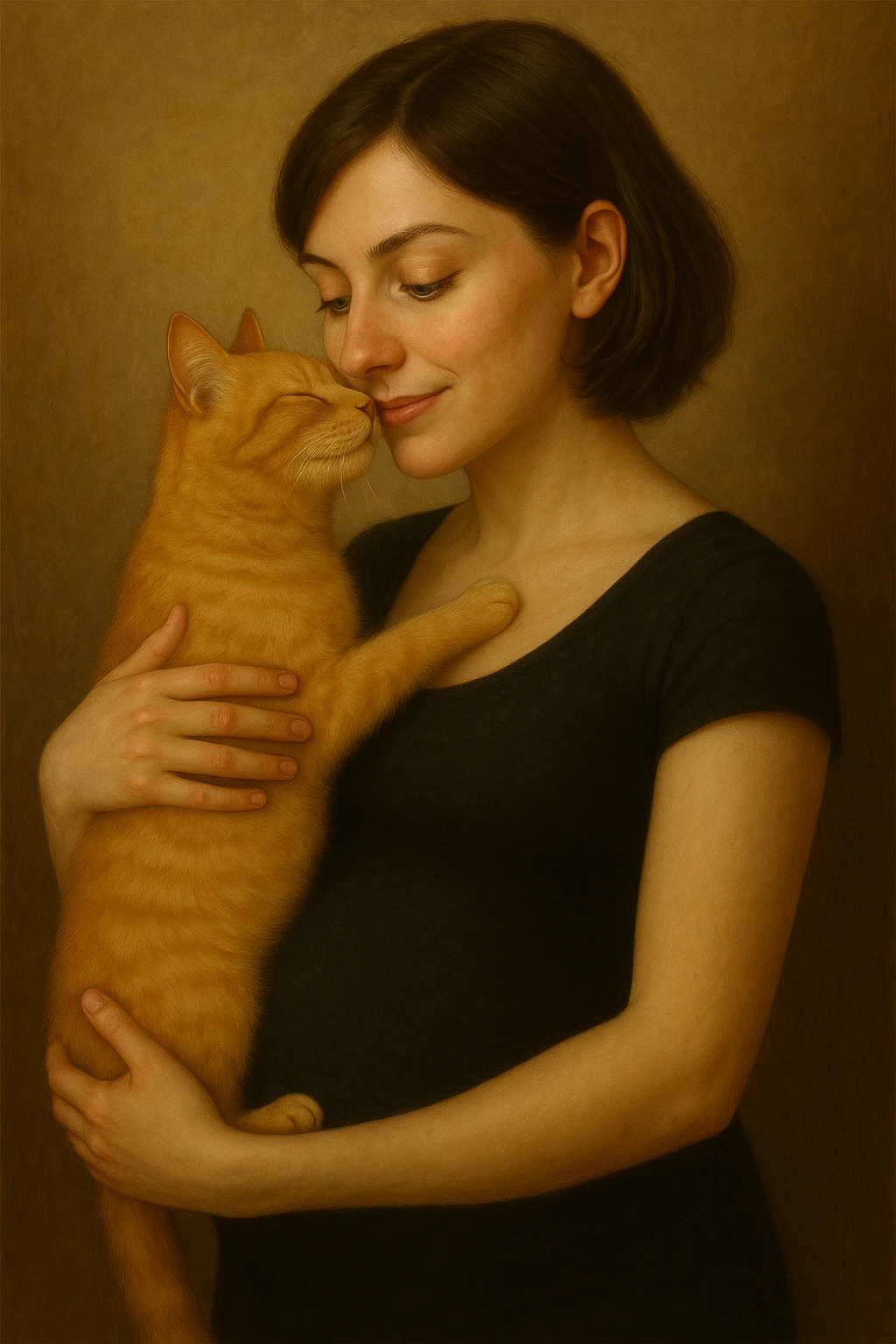 Make the girl's hair a little bit longer and put her in a black tight dress, keep her pregnant, with green eyes and a blonde cat. Maintain the original style and details of the image. emoji
