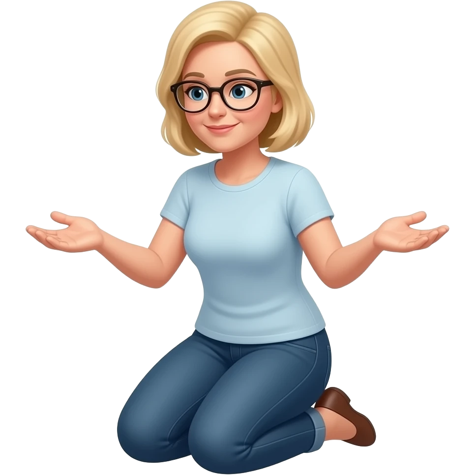 Die Frau 40 Jahre, Brille blondes haar .
Sie kniet auf beiden Knien.
Ihre Unterschenkel liegen nach hinten auf dem Boden.
Der Oberkörper ist aufrecht, 
Die Arme liegen auf den oberschenkel, die Handflächen zeigen nach oben, als würde sie etwas anbieten,
Der Blick ist nach unten gerichtet emoji