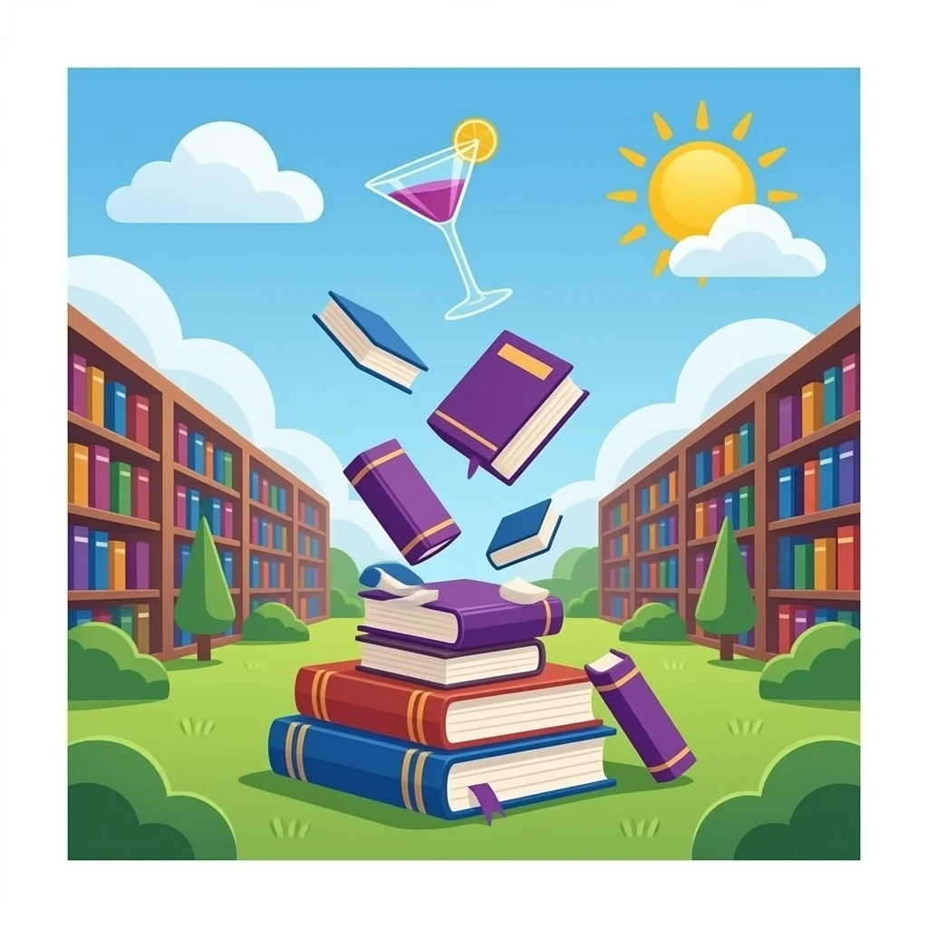 The Library: 3D emoji style, glossy surface, soft shadows, white background, centered, no text, stack of booksfalling over with martini, deep purple tones, emoji