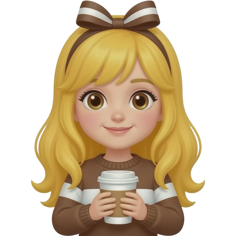 Bir kız elinde kahve var sarı saçlı üstünde Kahverengi ve beyaz biri kazak var üstünde Kahverengi ve beyaz kurdele var emoji