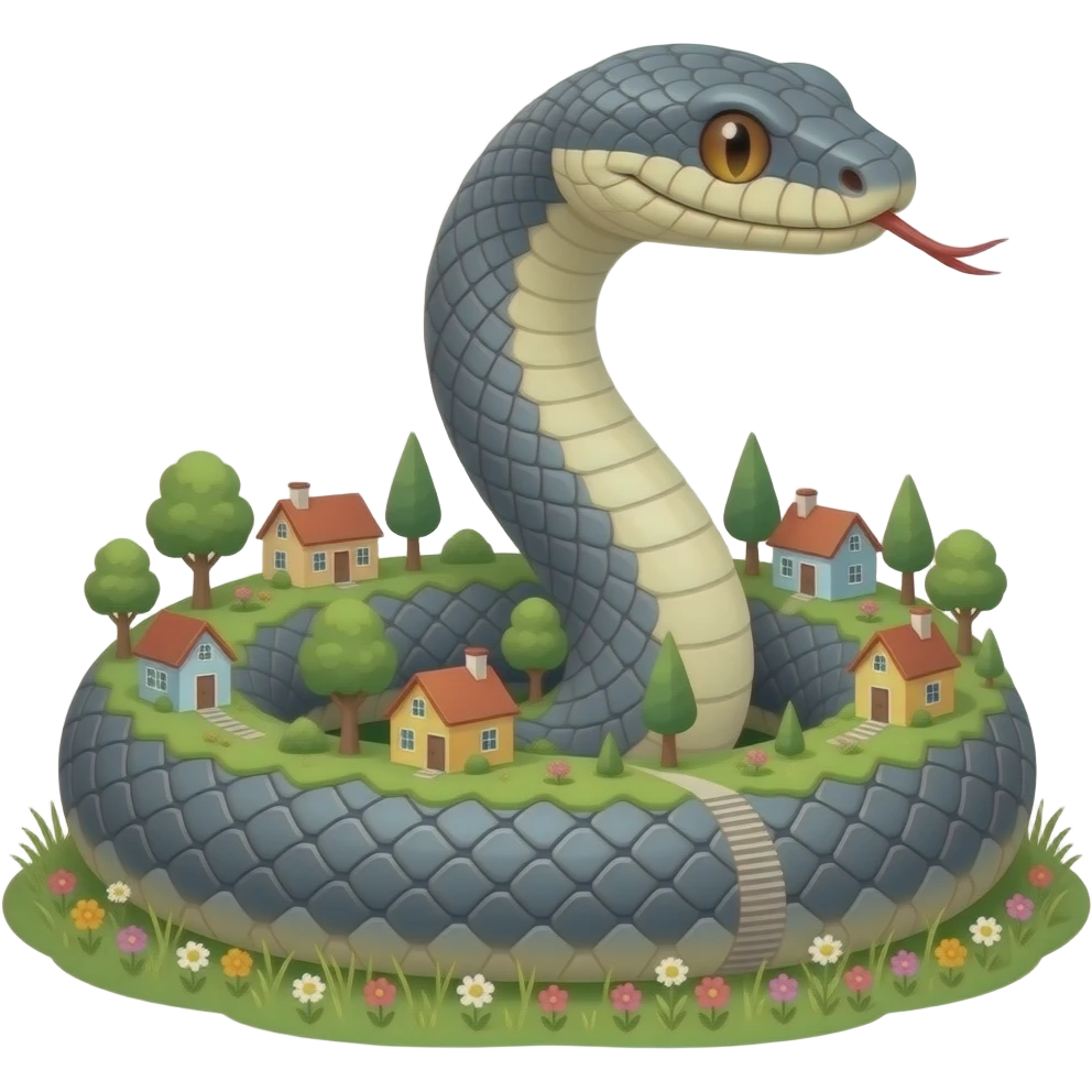 A snake that is gray and also flowers in grass on it in Giant and also that has houses and even villages on it in trees emoji