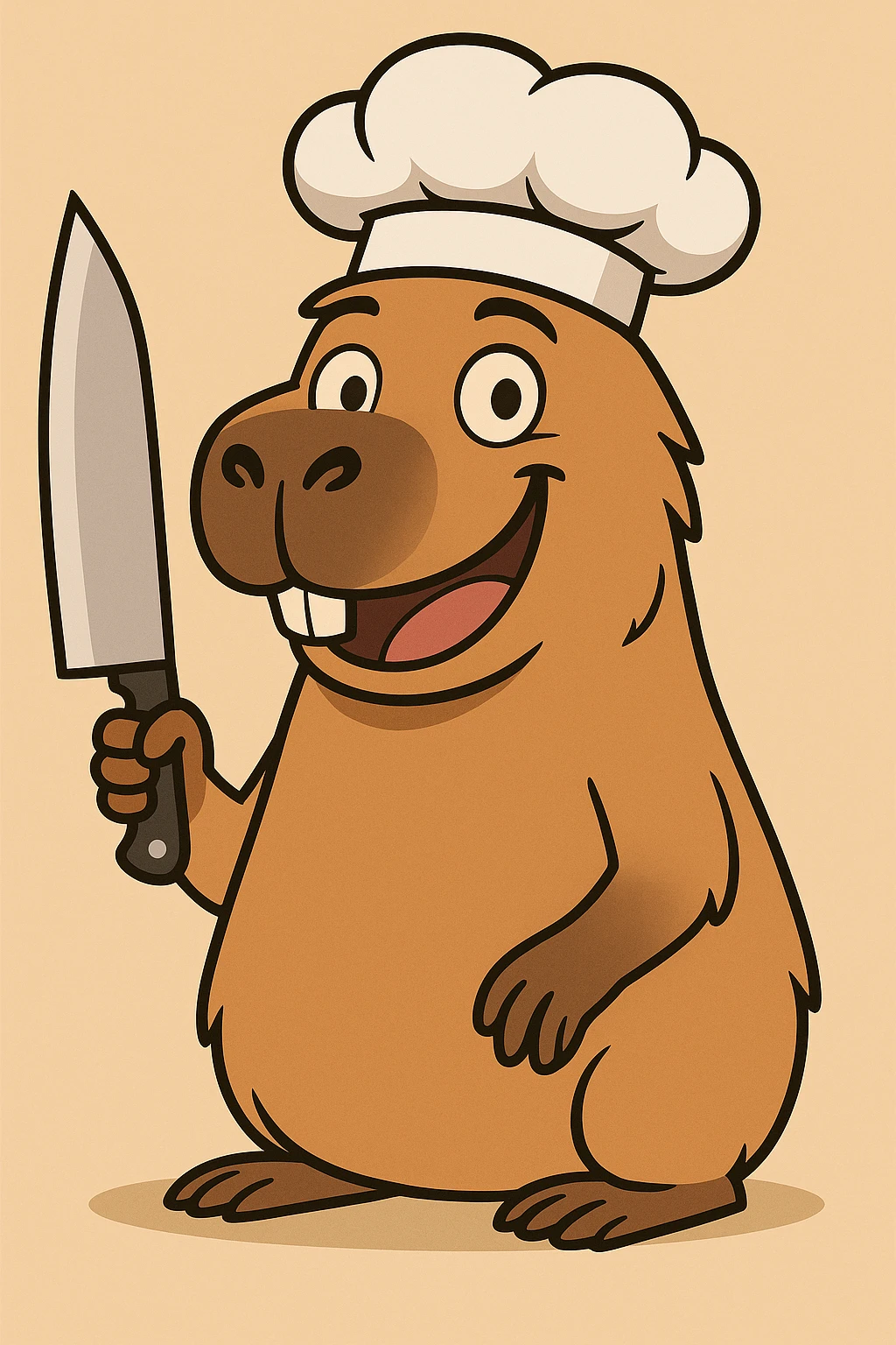 Add a chef hat to the cartoon capybara with a chef's knife, keeping it smiling and friendly. emoji