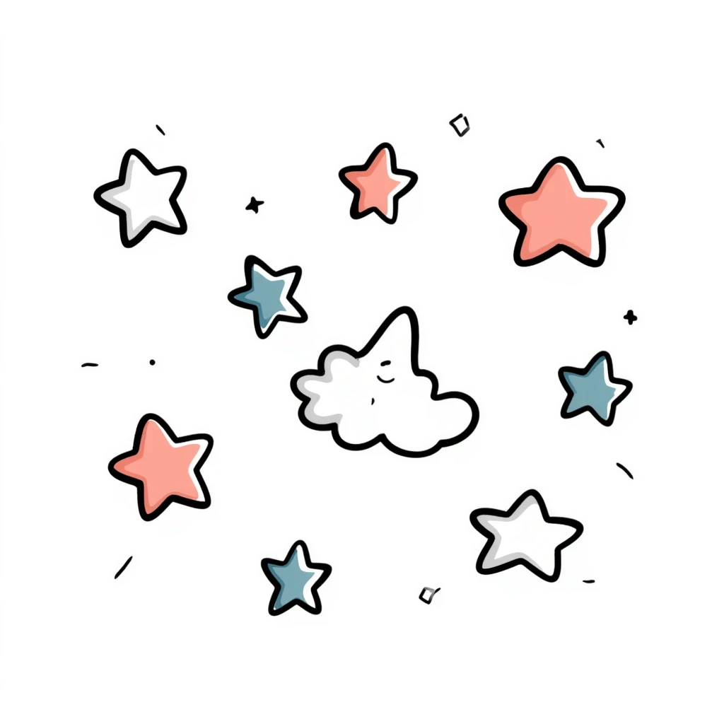 multiple stars in different sizes and shapes in pastel colors dd9fb0, ffc6d3, a3bfc9, c4bee2, f1b091, hand-drawn doodle style emoji
