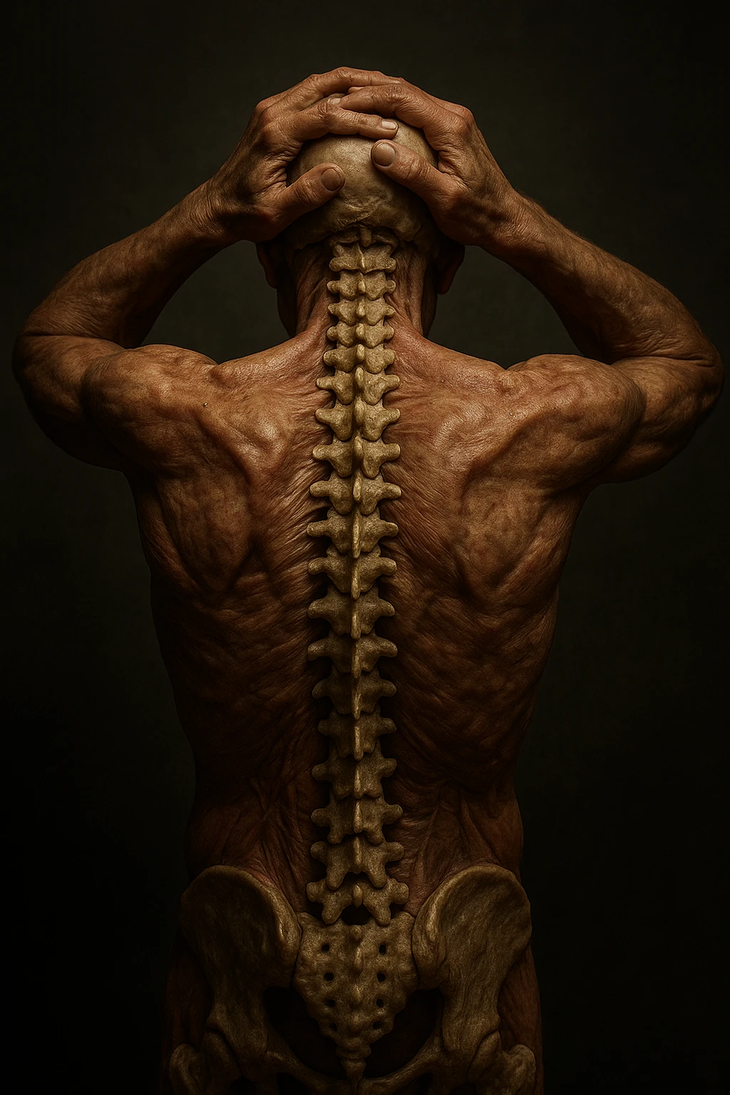 CORPO UMANO ANATOMICO con spina dorsale in evidenza, molto stanca e stressata mentre si tiene le mani sulla testa, IPERREALISTICO 4K emoji