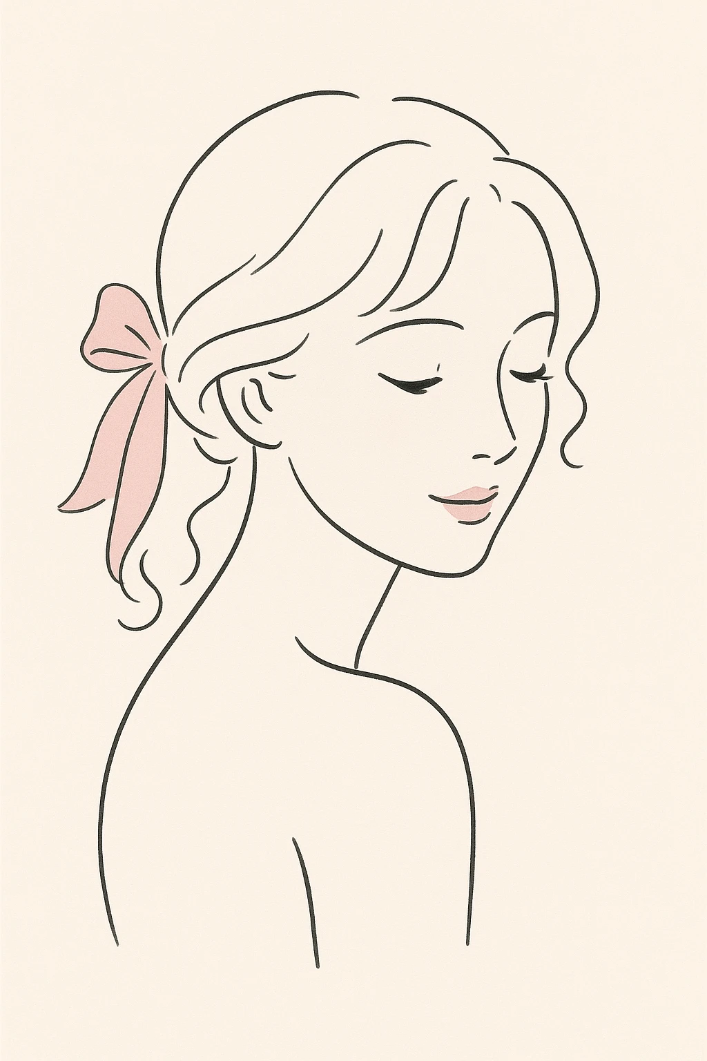 mujer coquette, estilo minimalista, líneas suaves, lazo rosa, expresión tierna emoji